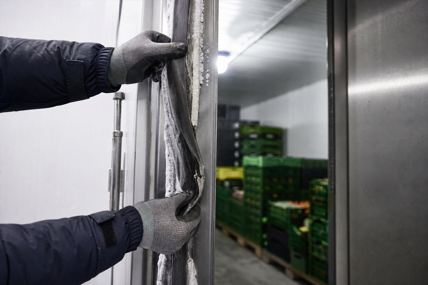 Technician Inspecting Damaged Cold Storage Door Gasket